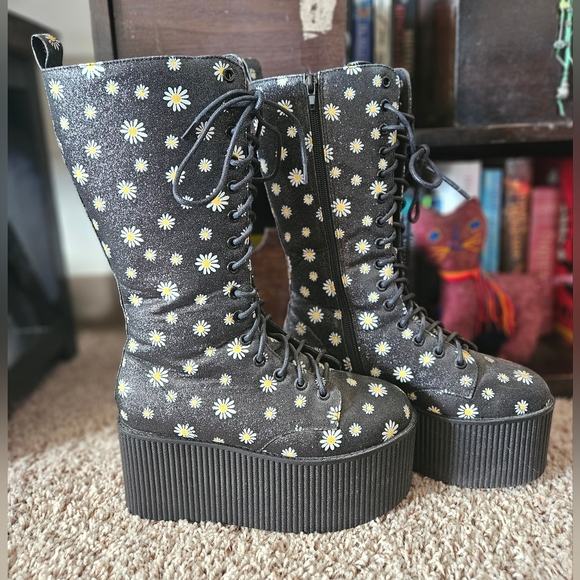 YRU KAOS HI Black Daisy Glitter Thigh-High Platform Zip-Up Boots Punk Goth - Picture 2 of 13